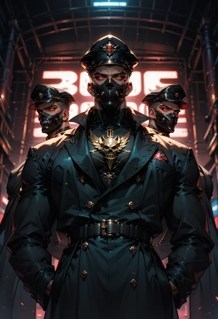 (score_9, score_8_up) ,score_7_up, 3men, bara, mask, full face mask, looking at viewer, full body, shadow men, black hat, peaked cap, in all black, red glowing eyes, gloomy, unholy, hands behind back, black trench coat, all black attire, dark background, black background, neon lights, gothic, from below pov, low-angle pov, blurry background, gritty
<lora:DetailedEyes_V3:0.5> <lora:add-detail-xl:0.5> <lora:masky-000011:0.5>