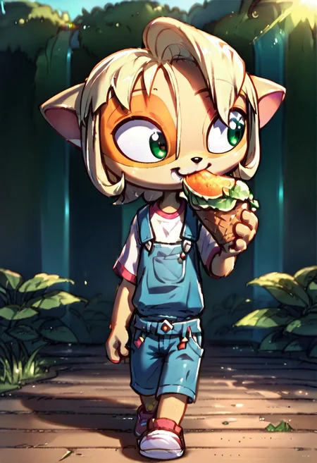 <lora:Paige_v2_r1:0.8>,
score_9,score_8_up,score_7_up,paige,
1girl,solo,furry,child,kid, 
coco bandicoot cosplay, green fur, coco bandicoot, overalls, white shirt,jungles, jungle,
walking, looking away, happy, child, kid, eating wumpa fruit