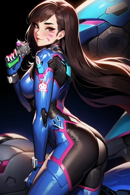 <lora:D.vaV3:1>, Deeva \(overwatch 1 version\), 1girl, d.va \(overwatch 1/),  long_hair, ass, brown hair, weapon, gun, robot, whisker markings, mecha, bodysuit, solo, meka (overwatch), handgun, breasts