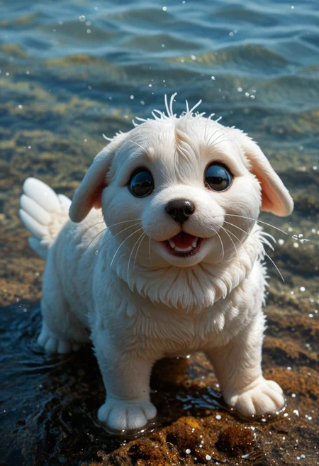 "Seal Pupigeon" - A Puppy with a Magical Twist
This adorable hybrid is primarily a puppy, with irresistible features enhanced by the charm of a seal and a pigeon. Its fluffy, velvety fur is mostly creamy white with golden and gray undertones, giving it a soft, seal-like sheen. Its big, soulful puppy eyes glisten with curiosity and playfulness, framed by faint lashes that amplify its cuteness.
The rounded head sports subtle pigeon feather tufts, blending seamlessly with its floppy puppy ears. A tiny, wet nose and a slightly open mouth reveal its playful, puppy-like demeanor. Its small, sturdy body is accented by short, flipper-like paws and folded pigeon wings that nestle softly against its fur, adding a whimsical, fantastical touch.
The scene is a sunny meadow by a coastal tide pool, where the puppy hybrid wags its stubby tail and gazes at the shimmering water. Vibrant wildflowers and smooth pebbles surround it, while sunlight highlights every detail of its glossy coat and delicate features. This photorealistic creation captures the magical essence of a puppy reimagined with a hint of fantasy.
Keywords/Tags: Hyper-Realistic, Hybrid Animal, Puppy-Bunny-Squirrel, Adorable, Fluffy, Photorealism, Nature, Whimsical, Magical Creature, Realistic Fantasy, Innocent and Playful.