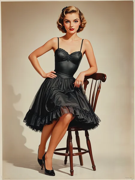 Poster art. Depicting a saucy woman, modeling a short petticoat in the photographer's studio, sitting on a chair.

<lora:PinupGirl01e_CE_XL_300-OT:0.4> pnpgrlCE_style