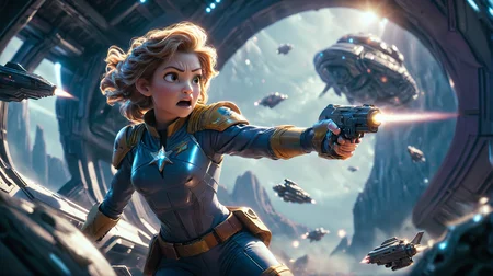 A 3D-rendered space scene depicts the brave Starship Captain, clad in her striking uniform, expertly aiming and firing her signature Phaser Gun as she fearlessly confronts a swarm of ferocious attacking aliens. The lighting is dramatic and evocative of an intense battle, with shadows dancing on the cold metallic walls of the bridge while the camera captures her from a dynamic angle that highlights both her strength and determination in this pivotal moment. <lora:Cute_3D_Cartoon:1>