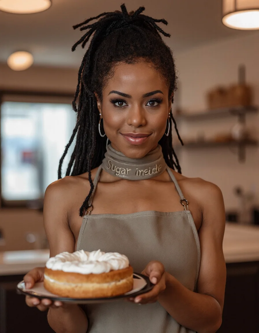 a woman, behind the counter of a bakery, cafe background, offering a creampie donut on a platter. her hair is up in a messy bun with front strands coming down on the side of her face. The girl is wearing nothing but a high neck skimpy apron. (((Her apron has text that reads âSugar insideâ))). she smiles seductively