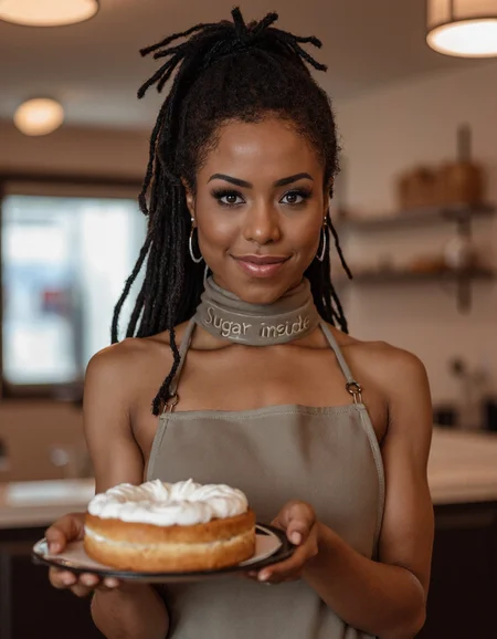a woman, behind the counter of a bakery, cafe background, offering a creampie donut on a platter. her hair is up in a messy bun with front strands coming down on the side of her face. The girl is wearing nothing but a high neck skimpy apron. (((Her apron has text that reads âSugar insideâ))). she smiles seductively
