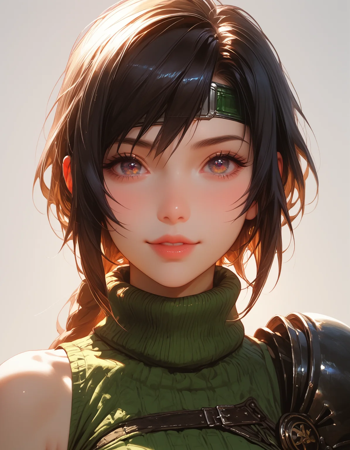zPDXLxxx, Expressiveh,
Yuffie, Sleeveless turtleneck, Cowl, Armor, Materia orb,
small breasts, natural sagging breasts,
score_9, score_8_up, score_7_up,score_6_up,
highres, high quality, perfection, masterpiece, detailed, source_anime, simple white background, 1girl, solo, front view portrait, face focus, intricate features, beautiful girl, young adult, youthful, petite body, detailed face, beautiful face, innocent face, eyelashes, perfect eyes, detailed eyes, medium breasts, clothed, black lace shirt, black lace choker, standing, smiling, looking at viewer,