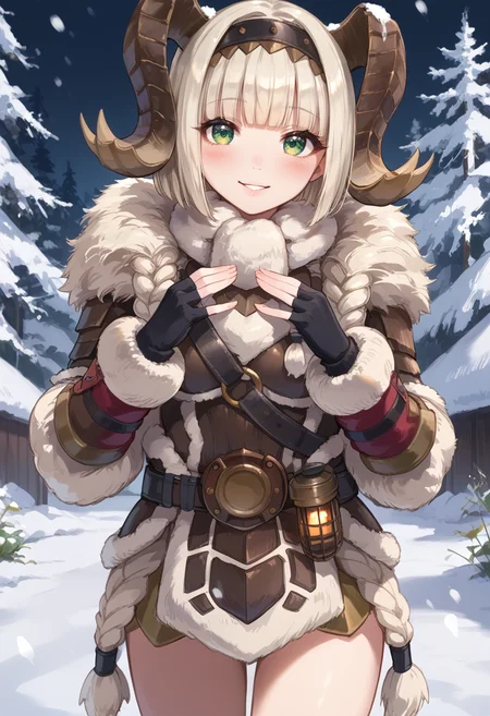 (score_9:0.9),score_8_up,score_7_up,rating_safe,anime style,(zPDXL),<lora:Banbaro beta armor ponyXL v1.2:0.77>,banbaro beta armor,1girl,solo,green eyes,blush,white fingerless gloves,horn hairband,short hair,looking at viewer,smile,snow,snowing,blunt bangs,cowboy shot,parted lips,white knee boots,