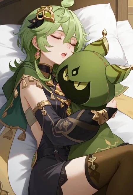 score_9, score_8_up, score_7_up, source_anime, 1girl, colleidef, green hair, medium hair, closed eyes, hair ornament, hair between eyes, ahoge, earrings, single earring, jewelry, green capelet, black dress, detached sleeves, puffy long sleeves, backless dress, bridal gauntlets, crossed bangs, brown thighhighs, asymmetrical legwear, thighlet, vision \(genshin impact\), open mouth, lap pillow, looking to the side, green doll, hugging object, holding doll, lying, on bed, on side, sleeping, indoors, bedroom, upper body, <lora:Collei_v1-000010:1>