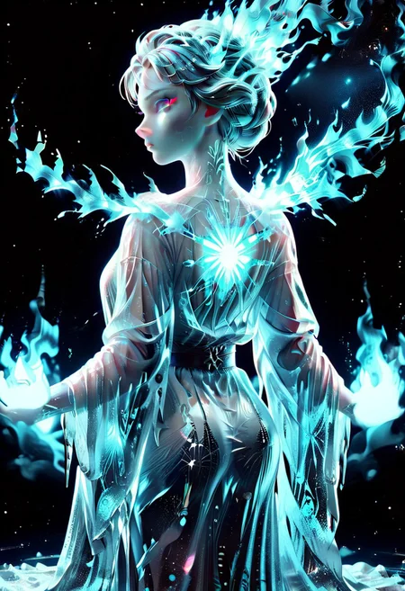 1c3_w1n73r, Fire and Ice Style ❄, Score_9, score_8_up, score_7_up, best quality, high res, 8k, Dark lighting, low lighting, night, dark background, nebula, 1girl,faceless, back view, intricate burning constellation, glowing constallation, closed robe, frozen cosmic entity, looking back at viewer, burning eyes
