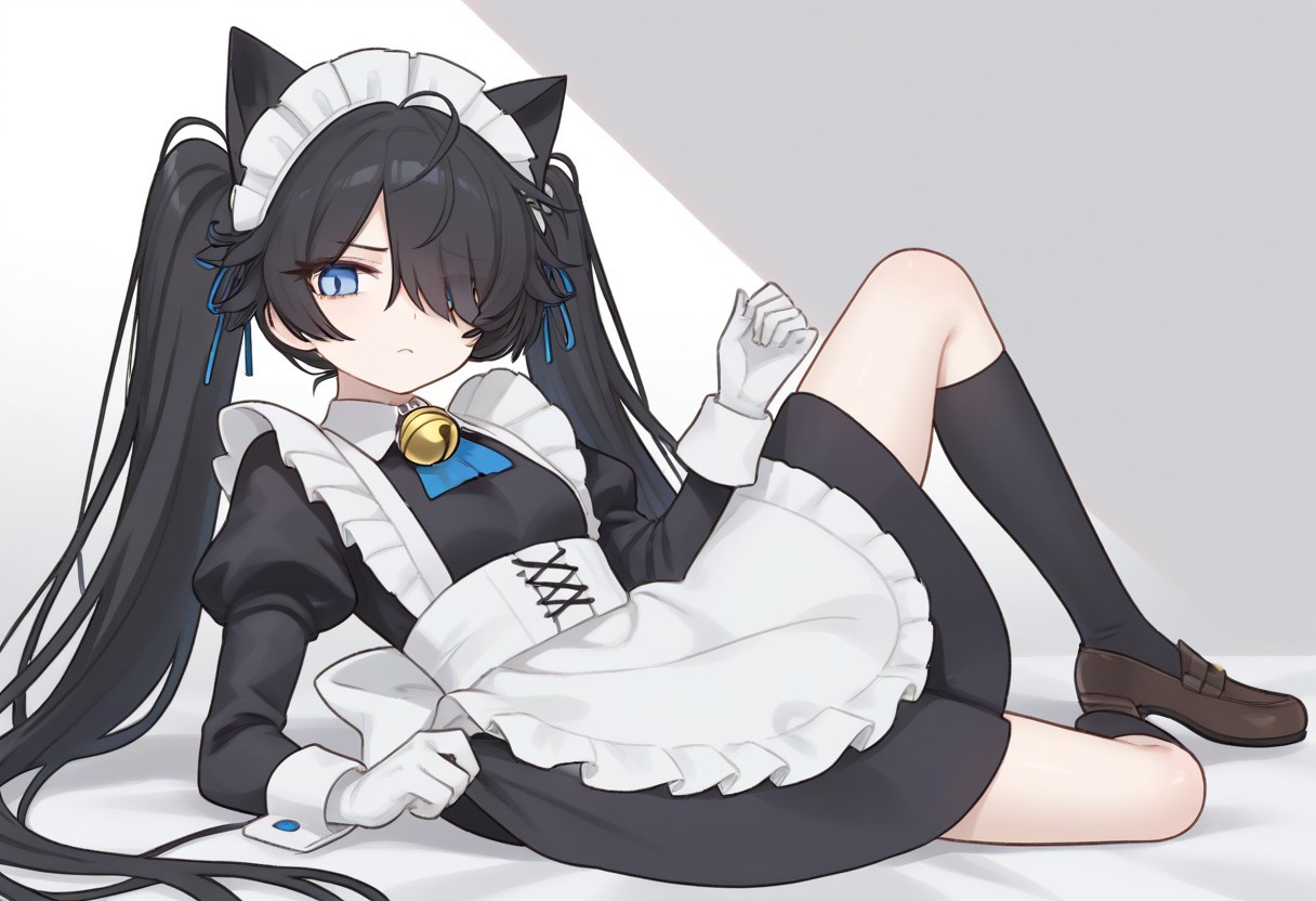 (Maid-kasli), solo, white gloves, dress, hair over one eye, maid apron, blue eyes, twintails, cat ears, maid headdress, maid, gloves, 1girl, apron, juliet sleeves, long sleeves, long hair, black hair, animal ears, bell,(Fall down),
