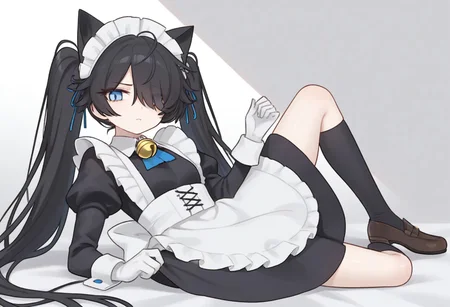 (Maid-kasli), solo, white gloves, dress, hair over one eye, maid apron, blue eyes, twintails, cat ears, maid headdress, maid, gloves, 1girl, apron, juliet sleeves, long sleeves, long hair, black hair, animal ears, bell,(Fall down),
