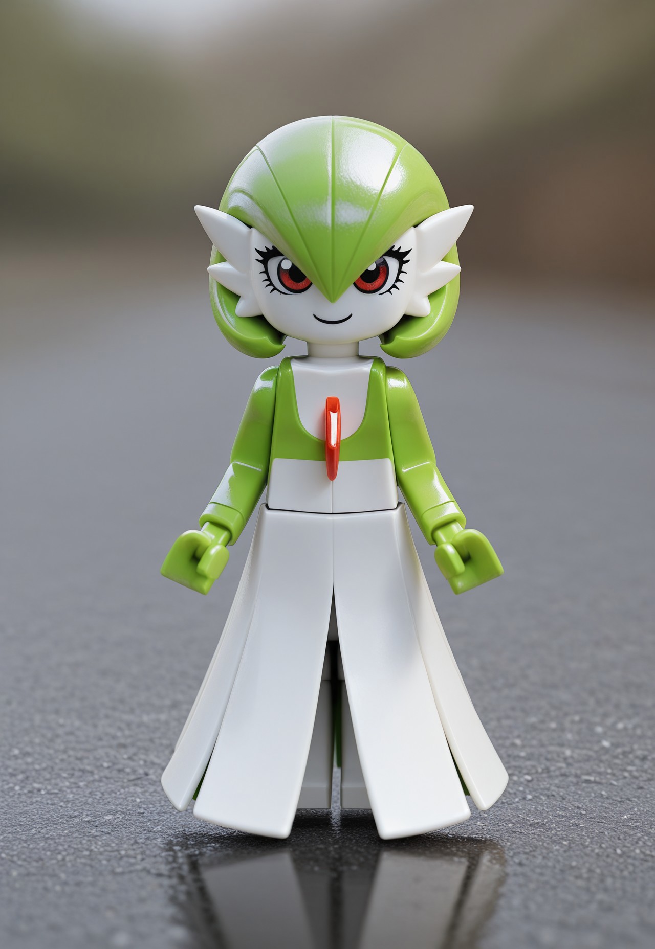 masterpiece, best quality, 1girl, solo, lmfstyle, figure, lego minifig, lego minifigure, toy figure, plastic texture, colored skin, chibi, realistic background, gardevoir, smile