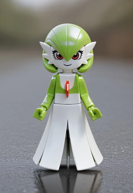 masterpiece, best quality, 1girl, solo, lmfstyle, figure, lego minifig, lego minifigure, toy figure, plastic texture, colored skin, chibi, realistic background, gardevoir, smile