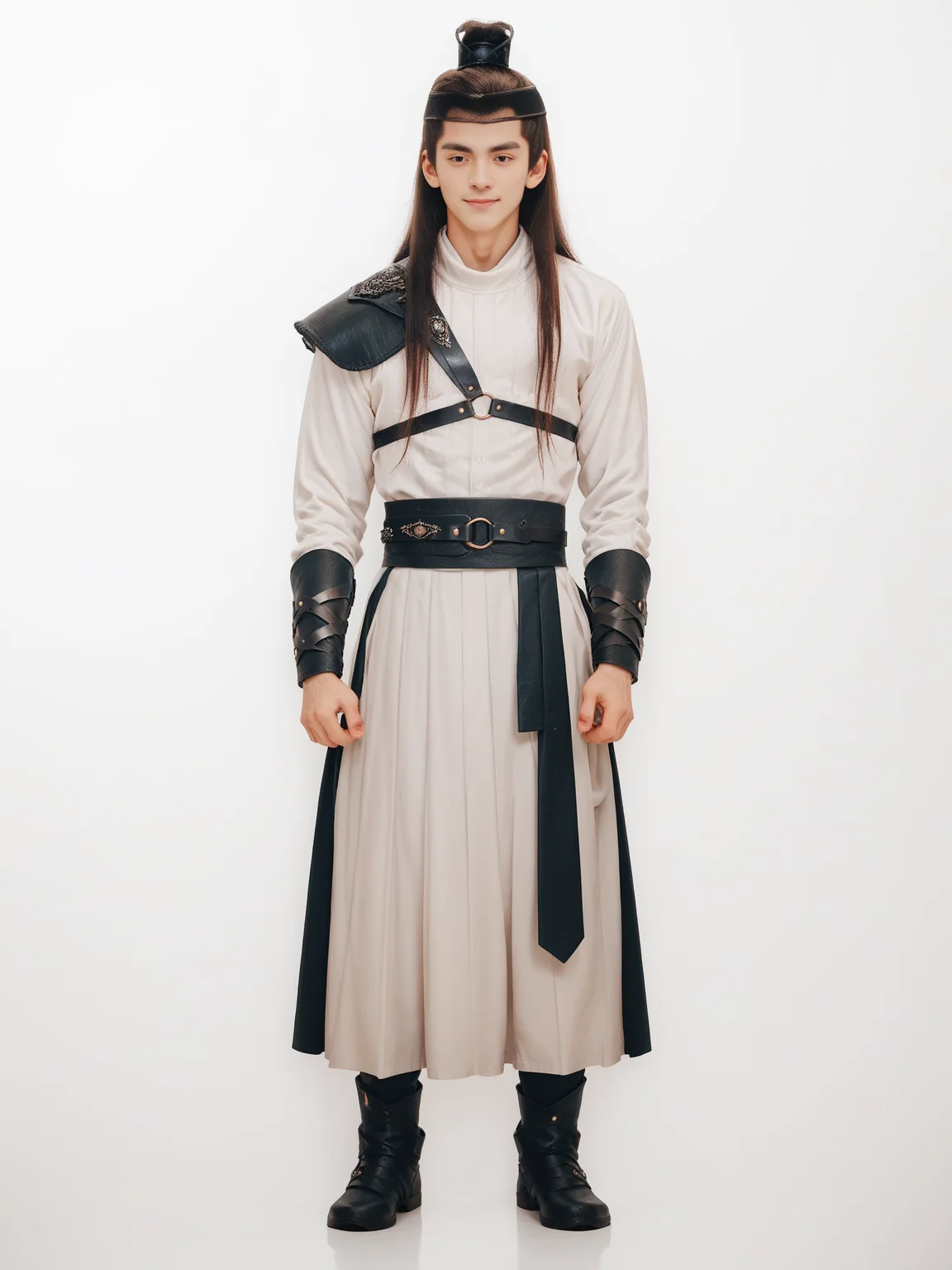 score_9, score_8_up, score_7_up, score_6_up, score_5_up, score_4_up, 1boy, full body, light smile, male focus, yulexuanblk, long pleated dress, bangs, topknot, hair bun, simple background, hanfu, long hair, brown hair, hair ornament, vambraces, belt, buckle, pauldrons, toned, <lora:yulexuanblkponyv2:0.75>