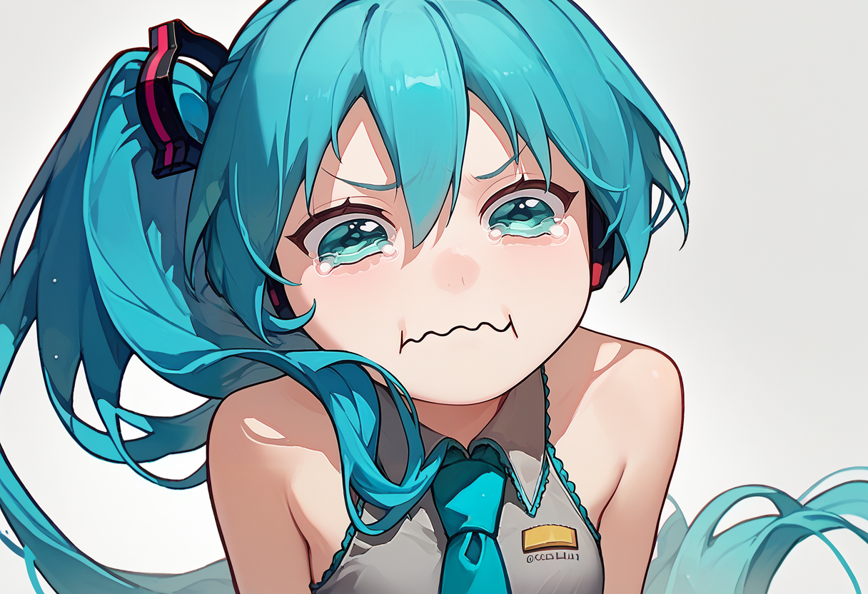 score_9, score_8_up, score_7_up, solo, 1girl, brokentailmiku, aquacrying, wavy mouth, closed mouth, tearing up, side ponytail, grey shirt, sleeveless shirt, aqua necktie, bare shoulders <lora:vocaloid_brokentailmiku_ponyXL:1> <lora:concept_aquacrying_ponyXL:1>