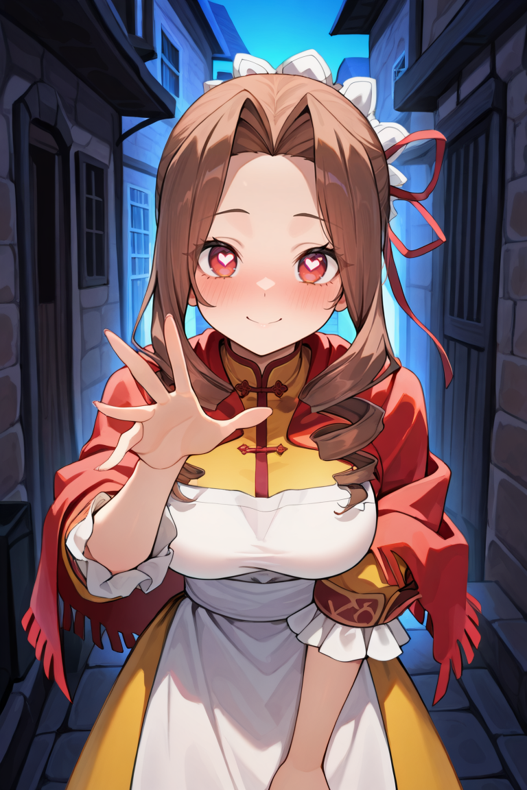 masterpiece, very aesthetic, absurdres, best quality, amazing quality, high resolution, <lora:illustrious_quality_modifiers_masterpieces_v1:0.8> , <lora:ChamIllustriousBackgroundEnhancer:0.5>,  solo, <lora:MistelIL:0.7> , misdef, 1girl, long hair, long sidelocks, drill sidelocks, brown hair, red eyes, bun cover, hair ornament, single hair bun,  hair ribbon, ribbon, dress, yellow shirt, sleeves past elbows, frilled sleeves, yellow skirt, red shawl, white apron, apron, apron over yellow shirt, exterior, alley,  medieval village, medieval fantasy, looking at viewer, cowboy shot, large breasts, heart eyes, lusy smile, reaching towards viewer, horny, blush, night,