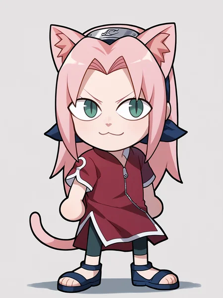 score_9, score_8_up, score_7_up, BREAK,
1girl, necoarc, cat ears,
haruno sakura, pink hair, long hair, green eyes, red shirt, red qipao , zipper, short sleeves, bike shorts,
chibi, slit pupils, solo, full body, white background <lora:necoarc-guy-PONY-v1:1> <lora:SakuraGeninXL:1>
