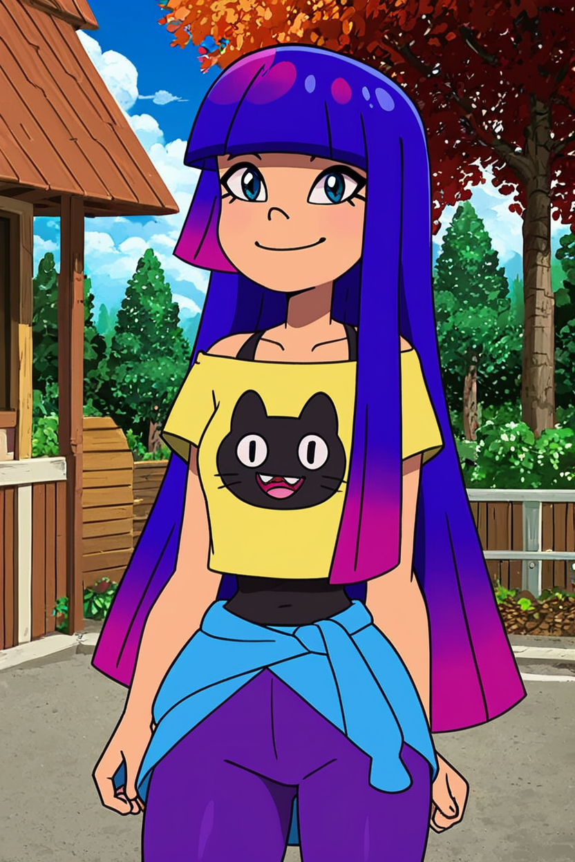 score_9, score_8_up, score_8, medium breasts, (curvy), cute, eyelashes,       BREAK, ,  ,,, zzMiko, long hair, purple hair, blunt bangs, multicolored hair, yellow shirt, short sleeves, t-shirt, print shirt, off shoulder, animal print, jewelry, purple pants, blue jacket around waist,  <lora:MikoKubota_PDXL_v2:0.8>,  ,,,  , BREAK, smile, looking at viewer, cowboy shot, ,,, outdoors, sky, day, cloud, tree, blue sky, sunny,  ,,, Expressiveh, ,,, <lora:Alola_Style_PDXL:0.8>, <lora:Expressive_H-000001:0.4>,