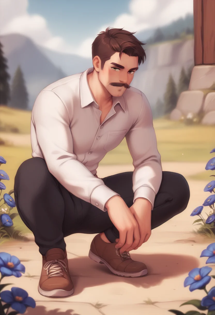 score_9, score_8_up, score_7_up, score_6_up, score_5_up, score_4_up, BREAK  1boy, muscular,  solo, shirt, male focus, outdoors, flower, white shirt, shadow, squatting,  pants, collared shirt, black pants, grass, long sleeves, short hair, day, black hair, brown hair, blue flower, mustache, shoes, brown footwear, sky<lora:PersonalAmi_PonyXL:1>