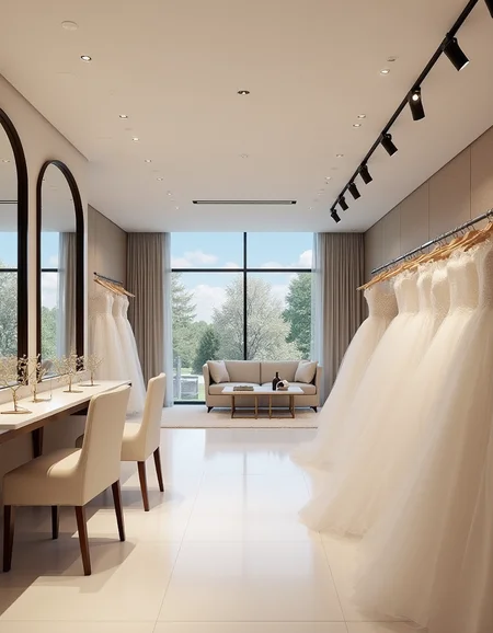 <lora:JJsBridalStore_Flux:1> ((bridal store)) , ((best quality)),((masterpiece)),((realistic)),indoors, mirror, reflection, chair, sofa, curtain, table, photorealistic, authentic, indoor scenery, highly detailed, ceiling light, cloth, glass, sky, center composition,
