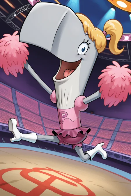 masterpiece, best quality, amazing quality, absurdres, solo, pearlkrabs, grey skin, smile, open mouth, pom pom \(cheerleading\), jumping, looking at viewer, dutch angle, blonde hair, ponytail, pink dress, purple skirt, white heels, outdoors, stage, stadium, arena
