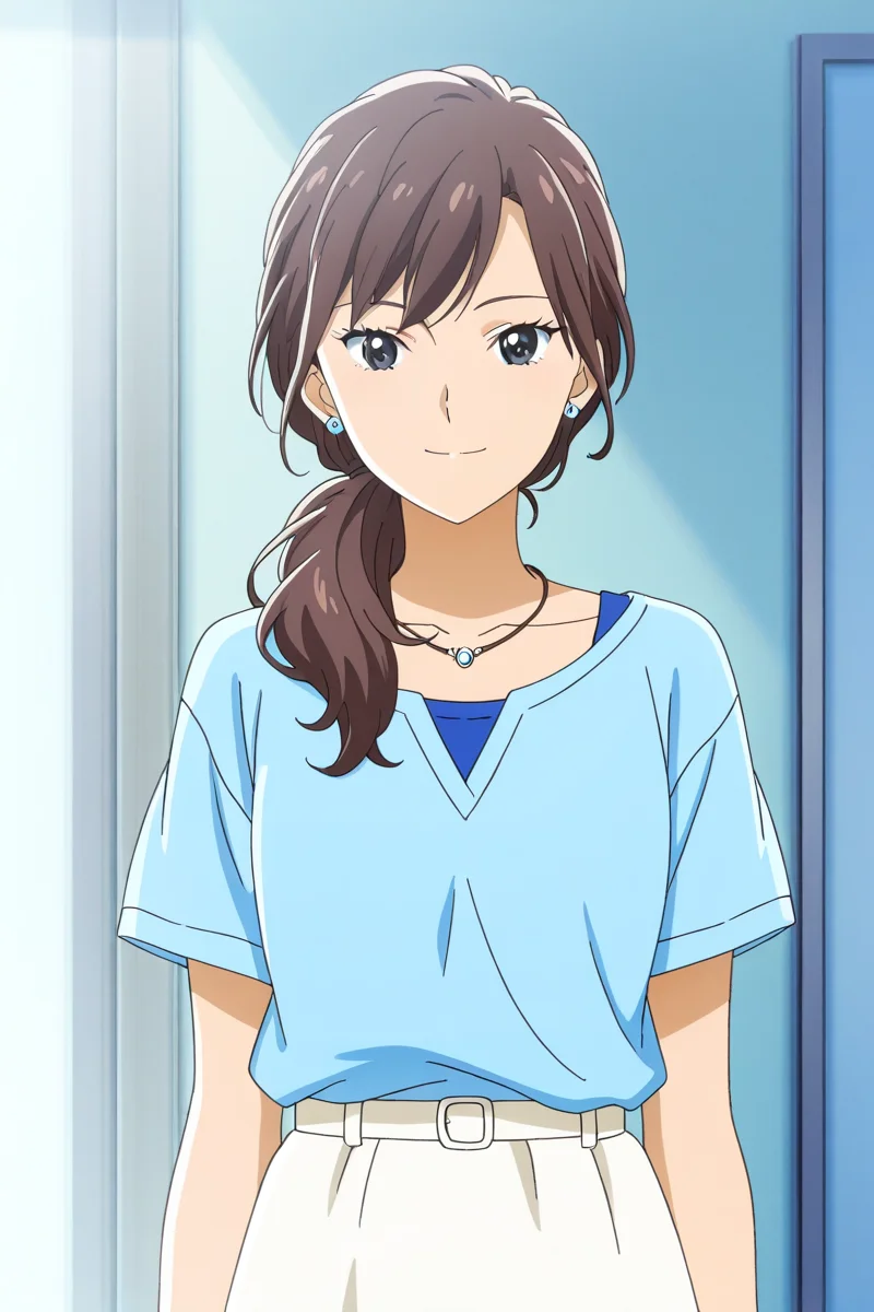 <lora:Add_more_details_pony:0.8>  <lora:matsukaze_kanoko_illus_deaimon:1> matsukaze kanoko, 1girl, solo, long hair, looking at viewer, smile, brown hair, shirt, jewelry, collarbone, cowboy shot, short sleeves, earrings, necklace, black eyes, blue t-shirt, anime coloring, outfit 2, side low ponytail, blue stripped on t-shirt, medium skirt, white skirt,