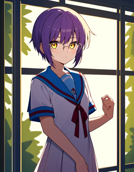 score_9, score_8_up, score_7_up, rating_sensitive, uncensored, source_anime, rating_explicit, (4 finger:0.5), (embedding:zPDXLxxx:1) BREAK volumetric lightning,detailed skin texture,detailed,volumetric shadow BREAK standing, short sleeves, 1girl, nagato yuki, solo, blue sailor collar, glasses, kita high school uniform, short hair, school uniform, purple hair, closed mouth, bangs, looking at viewer, yellow eyes, expressionless,