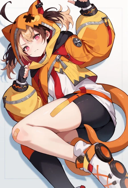 score_9, score_8_up, score_7_up, uncensored, source_anime, 1girl, <lora:spgigiMurinXLPony:1> murin1st, twintails, tail, animal hood, hood up, orange jacket, yellow jacket, striped clothes, black gloves, fingerless gloves, white shirt, black shorts, bike shorts, single thighhigh, asymmetrical legwear, bandaid on leg