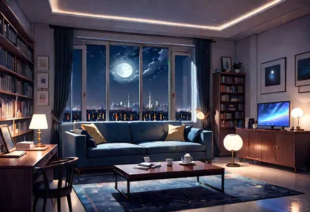 ((front view)), Shallow scene, ((animation style)), modern-style interior, with white walls, (large windows), a  study, Sofa, coffee table, bookcase, single wall, gloomy room, Turn off the indoor lights and turn on only the desk lamp, quiet and mysterious night sky, starry sky, moonlight, city night view, (City high-rise building scenery), (City scenery outside the window)