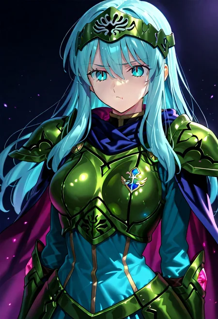 score_9, score_8_up, score_7_up, ((solo)), calm, pout, closed mouth, 1girl, solo, (medium breasts, thin waist, wide hips), peaceful, closed mouth, adult, (((eirika face))), (((cyan hair, cyan eyes))), ((long hair, hair between eyes)), (((indigo cape, metal headband, green metal_uniform, metal breast_armor))), no background, dark background, cowboy shot, dark background, portrait, Expressiveh,