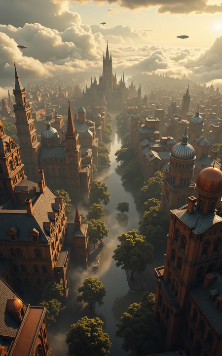 high-altitude view of an expansive Victorian steampunk city,intricate rooftops with copper domes,chimneys,and ornate towers stretching to the horizon,floating gardens drifting between buildings,soft golden light filtering through thick clouds,gears and airships visible in the sky,no people,vivid style,
<lora:aidmaMJ6.1v0.4:0.6>,aidmaMJ6.1,<lora:AntiBlur:0.8>,