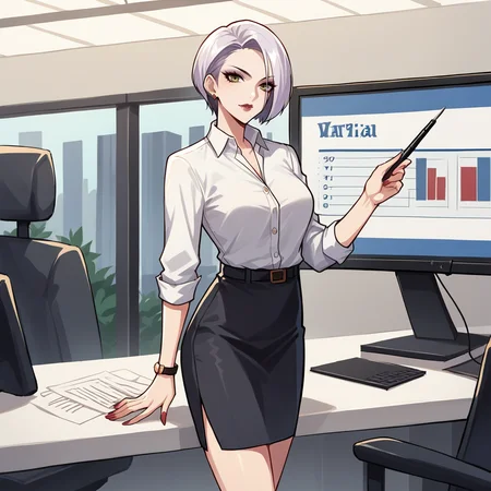 score_9, score_8_up, score_7_up, score_6_up, score_5_up, score_4_up, zPDXL2,source_anime,rating_questionable, 1girl, solo, standing, looking at viewer,  office interior, office lady, white button shirt, black pencil skirt, isabella_valentine       <lora:Presentation:0.7> pr3s3nt4tion, office wear, holding pointer, projector screen,giving presentation, looking at viewer, interior, crowd