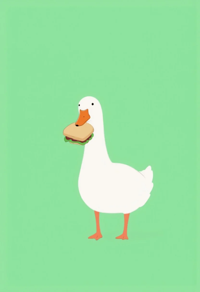 A minimalist and humorous illustration featuring a white goose standing on a solid green background. The goose is holding a sandwich in its beak, creating a playful and mischievous vibe. The style is clean, with simple lines and flat colors, emphasizing the whimsical nature of the scene. The background remains unadorned to focus attention on the goose and its quirky behavior.