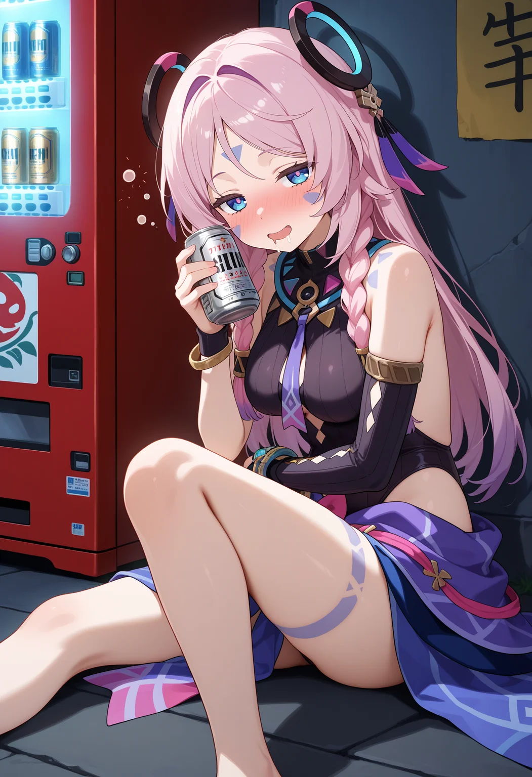 best quality, masterpiece, aacitla, long hair, pink hair, twin braids, hair ornament, facial mark, blue eyes, pink pupils, medium breasts, purple necktie, black leotard, sleeveless, single detached sleeve, bracelet, leotard under clothes, sarong, <lora:citlali_(genshin_impact)_ilxl_v1:0.9>, sitting, on floor, alley, drunk, holding can, beer can, night, against wall, vending machine, drooling,