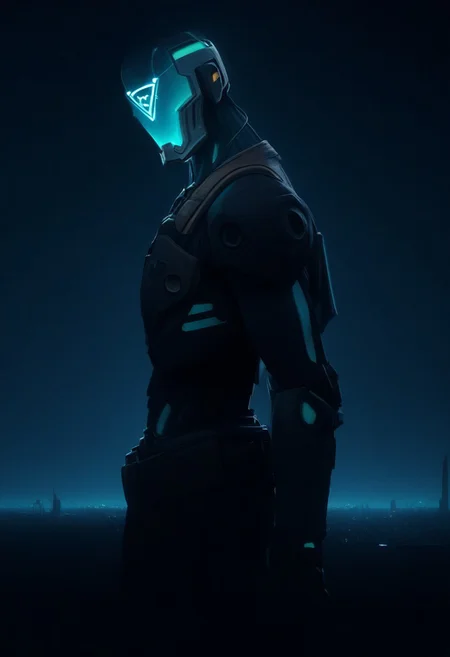 score_9,score_8_up,score_7_up,score_6_up, robot, kayo, triangle face, male robot, solo,
BREAK
, dynamic pose, side view, waist up view, focus on dark face, standing tall,
BREAK
, masterpiece, high-quality, surreal, futuristic cityscape, skyscrapers, digital era, vibrant, blue-green LED lights,