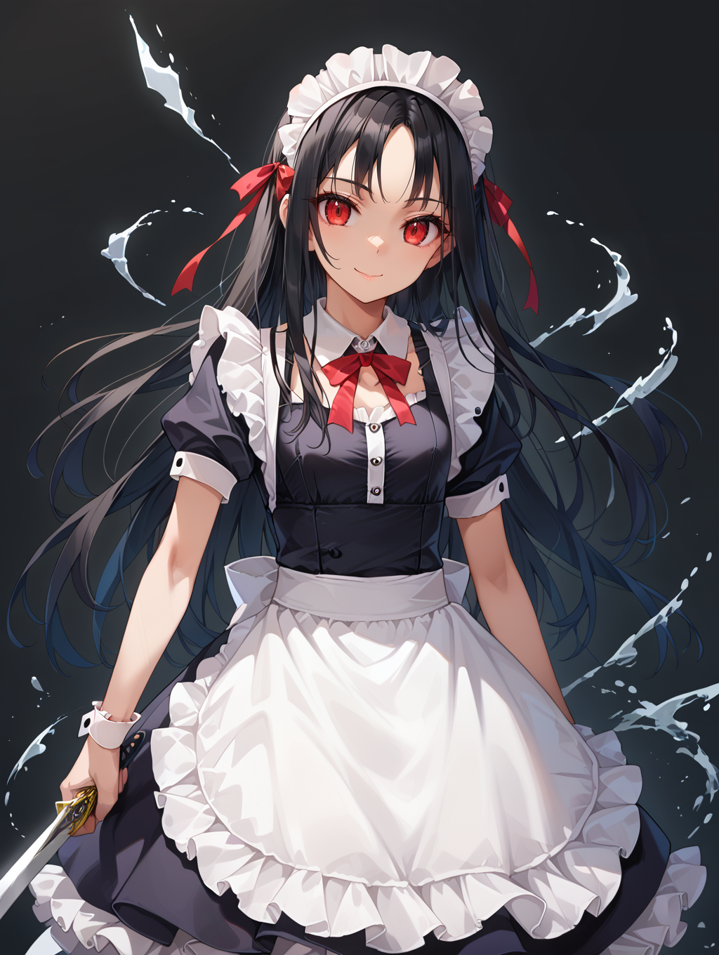 1girl, 
cowboy shot, solo, black dress, maid headdress, looking at viewer, smile, bow, long hair, ribbon-trimmed collar, holding sword, ribbon-trimmed hairband, red eyes, sword, standing, holding weapon, shirt, frilled sleeves, weapon, short sleeves, ribbon trim, holding, dress, white bow, very long hair, frilled apron, black hair, white shirt, floating hair, apron, red bow, puffy short sleeves, puffy sleeves, neck ribbon, frills, maid, closed mouth, collared shirt,
she is wearing a black and white dress with a red ribbon tied around her waist. the dress has a high neckline and short sleeves. the girl is holding a sword in her right hand and is standing in front of a dark background with splashes of red and orange. the overall mood of the image is dramatic and mysterious.
score_9, score_8_up, score_7_up, source_anime
 <lora:style022-1:0.7>