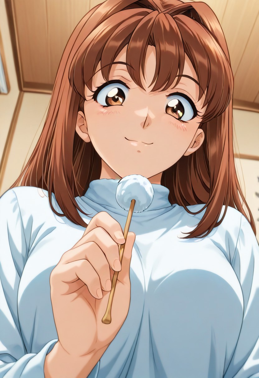 <lora:nnm-hzmkra:0.8>nnm-hzmkra,
pov,
indoors,
<lora:TK_nekomimi_ne-chanXLIllustrious001>,
masterpiece,best quality,good quality,newest,
smile,
looking down,
solo,
anime coloring,retro artstyle,
nekomimi_ne-chan\(toshiryoku_kenkyujo\),1girl,brown hair,long hair,brown eyes,
white long sleeves, 
holding mimikaki,