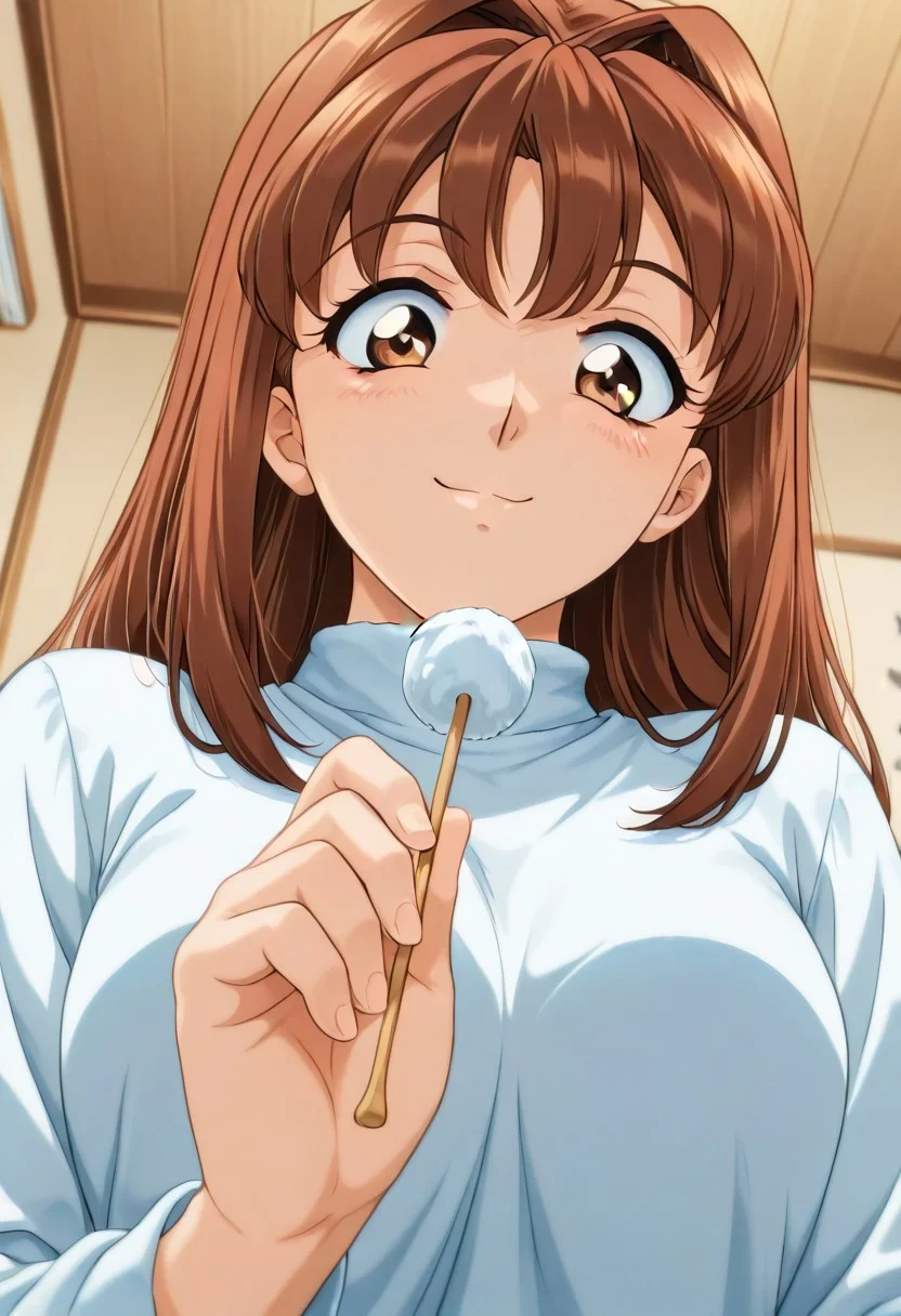<lora:nnm-hzmkra:0.8>nnm-hzmkra,
pov,
indoors,
<lora:TK_nekomimi_ne-chanXLIllustrious001>,
masterpiece,best quality,good quality,newest,
smile,
looking down,
solo,
anime coloring,retro artstyle,
nekomimi_ne-chan\(toshiryoku_kenkyujo\),1girl,brown hair,long hair,brown eyes,
white long sleeves, 
holding mimikaki,