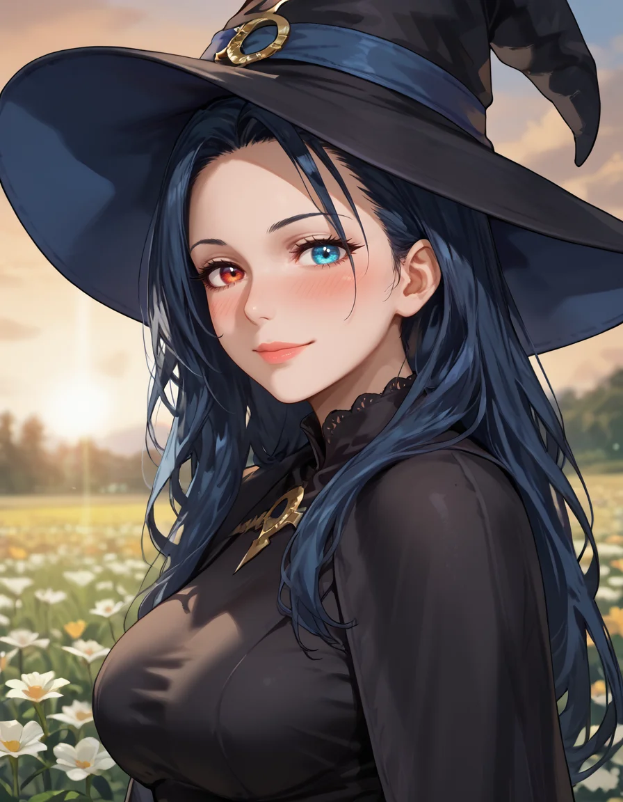 16k, 8k, 4k, wide, wide shot, wide angle,
score_9, score_8_up, score_7_up, flat anime, rating_safe, rating_questionable,
best quality, masterpiece, ultra detailed,
28 years old, 180 cm height, mature,
<lora:Expressive_H:1>, nose, lips, closed mouth, light smile, (blush:1.3),
looking at viewer, portrait, close, dynamic pose, from side, upperbody,
<lora:Everlasting_Summer_Viola:0.7>, viola, very long hair, heterochromia eyes, left eye red, blue eye blue, blue eyes, heterochromia, red eyes, black hair, blue hair, medium breasts, milf woman solo,
witch, black outfit, witch hat,
amazing background, colorful background, blurry background, bokeh, evening, sunset, field of flowers,