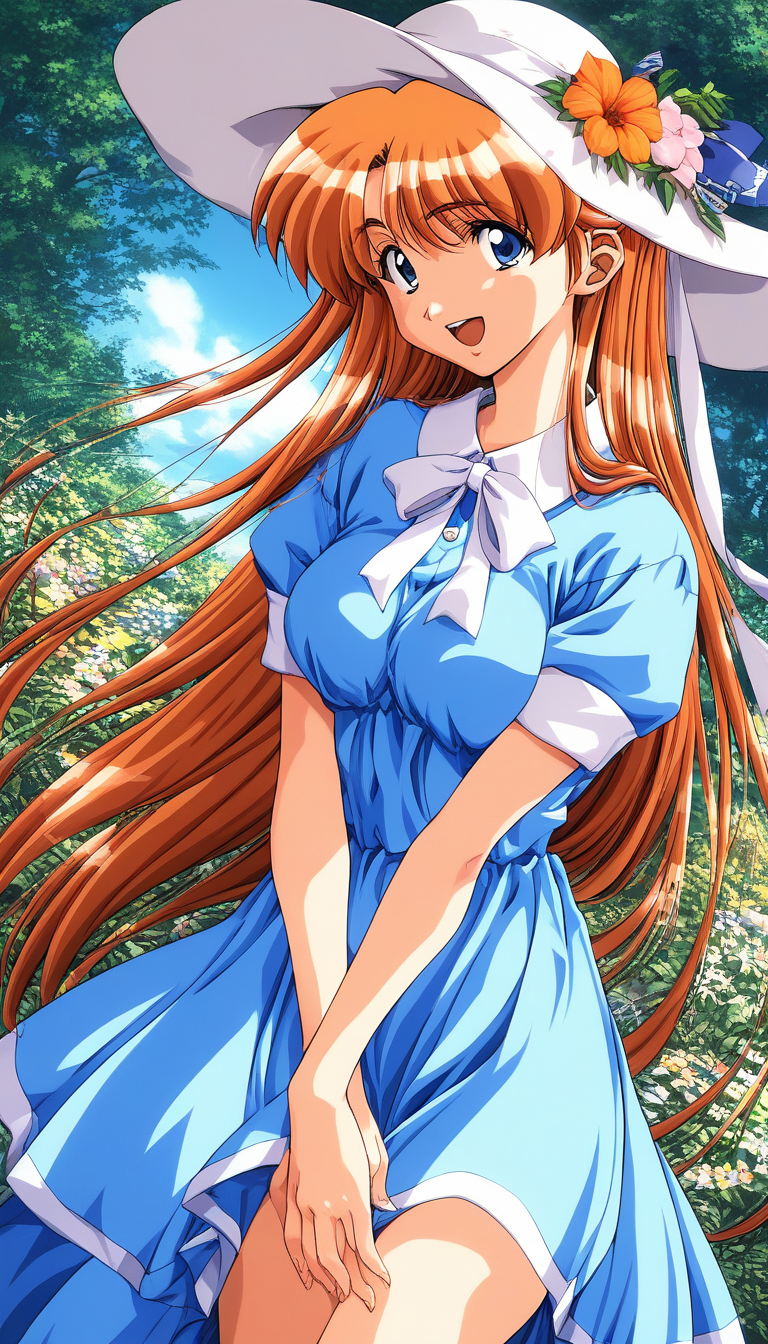 score_9, score_8_up, score_7_up, source_anime, rating_explicit, BREAK  <lora:Kobayakawa_Mizuho_XL:1> Kobayakawa_Mizuho, blue eyes, very long hair, orange hair, 1990s (style), bangs, breasts,
1girl, solo, hat, sun hat, dress, short sleeves, flower, hat flower,
blue dress,  looking at viewer, open mouth, ribbon, cowboy shot, light smile.
looking at viewer, sky, outdoor,