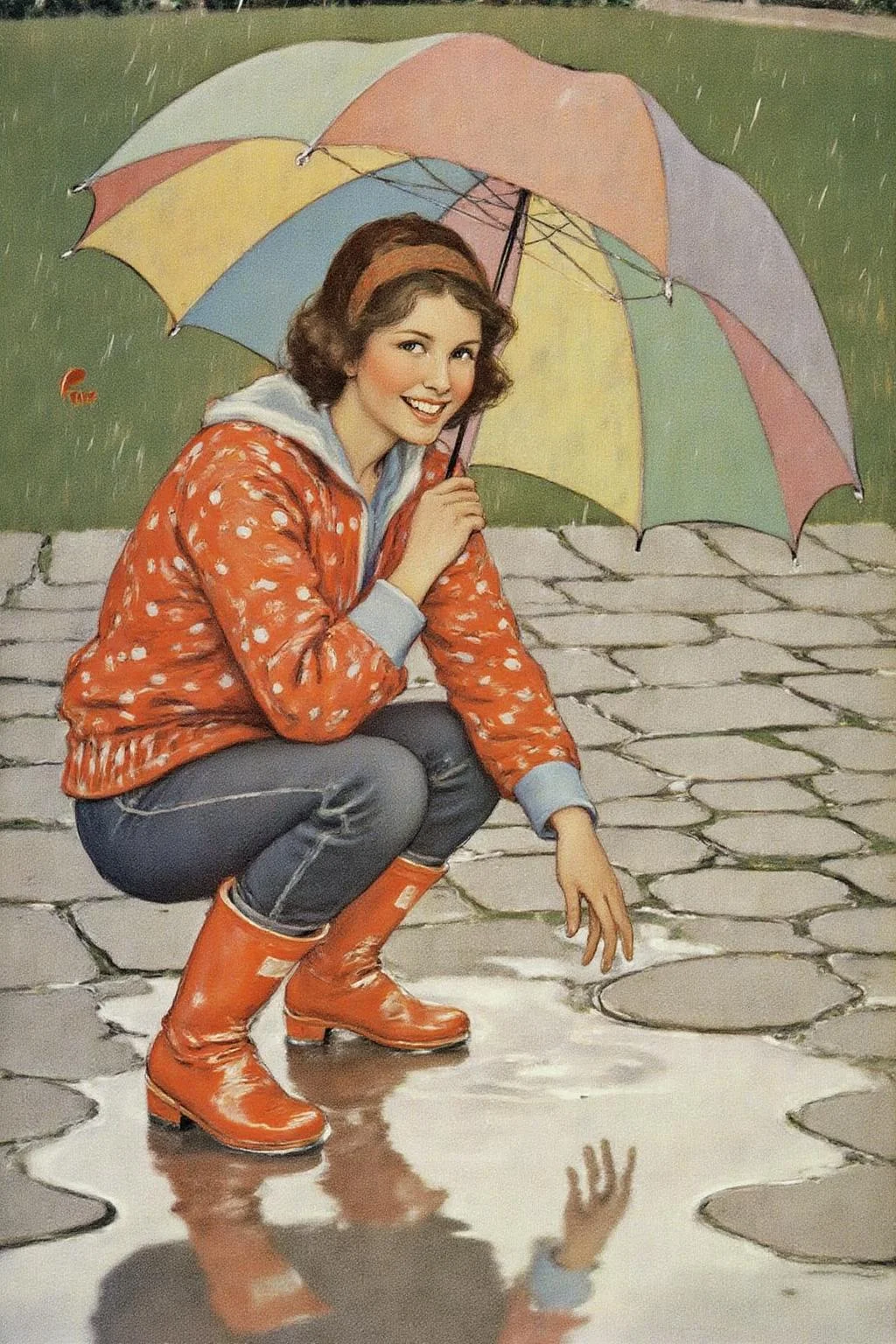 jessiewillcoxsmith1 illustration.
A young woman, angled from slightly above and to the right, crouching low to the ground in a puddle. The young woman is wearing bright red rubber boots and a red jacket with white polka dots. The jacket sleeves are pushed up to reveal blue cuffs. The young woman also wears dark blue jeans and has a smile on her face as she extends her right index finger to touch the water in the puddle. Above the young woman is a large, open umbrella with rainbow-colored panels and a red handle. The ground is wet and paved with grey stones, reflecting the sky and umbrella. The background is slightly blurred, showing hints of green grass and trees. The lighting is overcast and diffused, typical of a rainy day. <lora:jessiewillcoxsmith1_cap_d8a4e12:1.0><lora:850716585042685399:0>