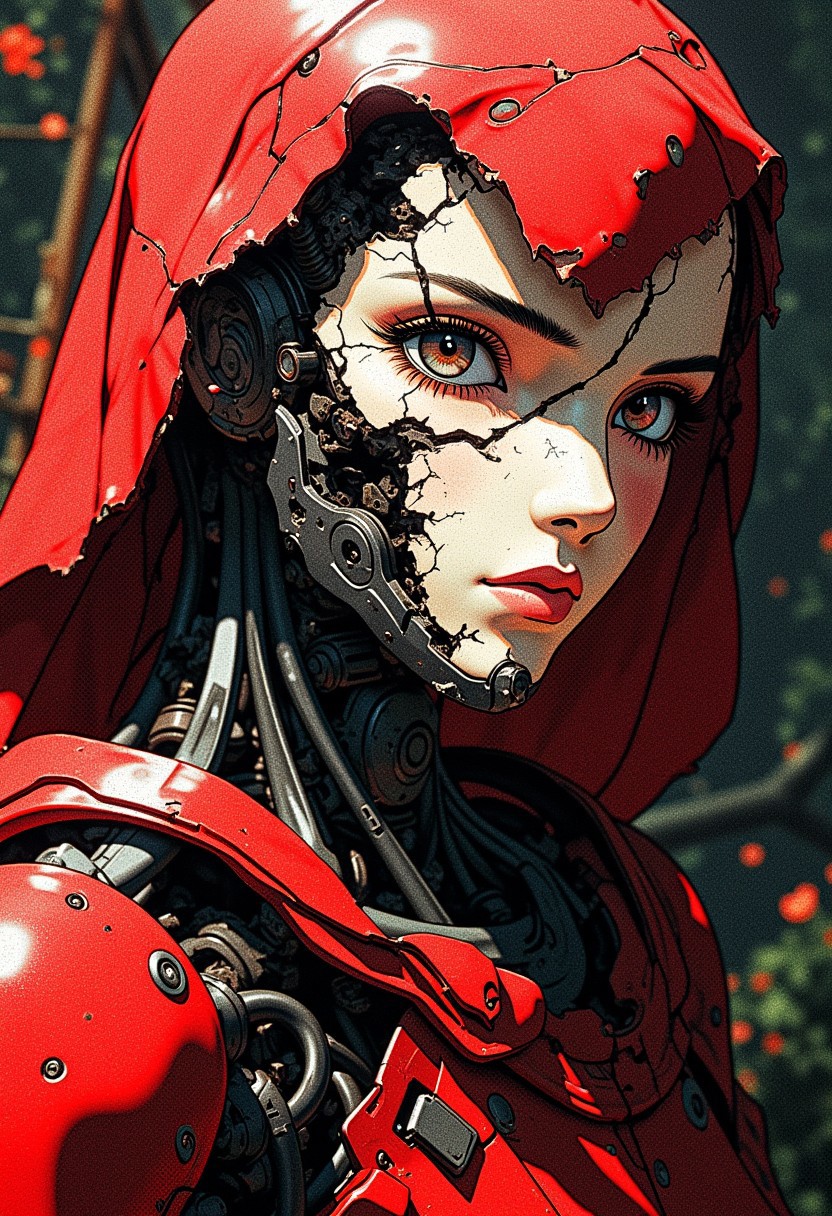 1girl, EA post apocalyptic photo of a red hooded a broken feminine humanoid robot, At night, a light shone on her, dented, scratched, flaking peeling paint, in a abandoned interior room, mossy and fungus, once pretty, An artistic photograph, closeup 50mm f/1.3, Metal threads, with some parts already rusting, A close-up shot of a real metallic mechanical gear structure photo, metal, no humans, reflection, Mecha, red