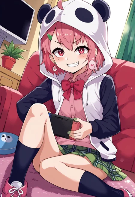 source_anime, rating_safe, BREAK <lora:sakuSasaki_XL-Pony_LoRA-C3Lier_16-16-8-8_AdamW_Un3e-4_Te1.5e-4_10batch:1>, sasaki saku, 1girl, virtual youtuber, pink hair, multicolored hair, short hair, ahoge, pink eyes, green nails, mole under eye, hairclip, earrings, animal hood, panda hood, hood up, two-tone jacket, white jacket, black sleeves, long sleeves, collared shirt, pink shirt, red bowtie, plaid skirt, green skirt, sitting, grin, nintendo switch, playing games, looking at viewer, facing viewer, dutch angle, light particles, carpet, cushion, television, potted plant, window, window shade, curtains, blue sky, cloud, sunlight
