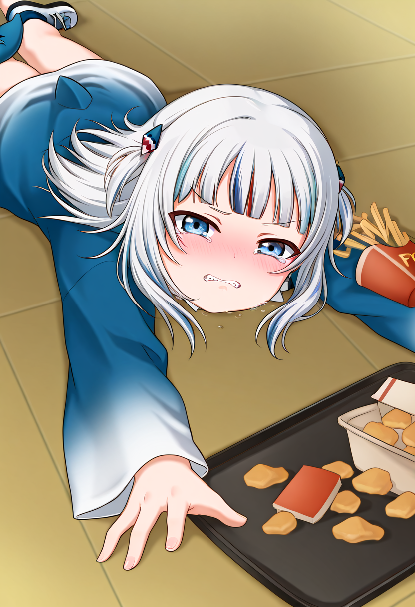 (masterpiece, high quality, amazing detail), highres, apu spills his tendies (meme), gawr gura, 1girl, solo, looking at viewer, blush, lying, food, tears, crying, on stomach, tray, tearing up, french fries, tripping, fallen down  <lora:apu_spills_his_tendies_meme:1>