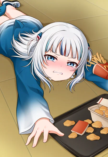 (masterpiece, high quality, amazing detail), highres, apu spills his tendies (meme), gawr gura, 1girl, solo, looking at viewer, blush, lying, food, tears, crying, on stomach, tray, tearing up, french fries, tripping, fallen down  <lora:apu_spills_his_tendies_meme:1>