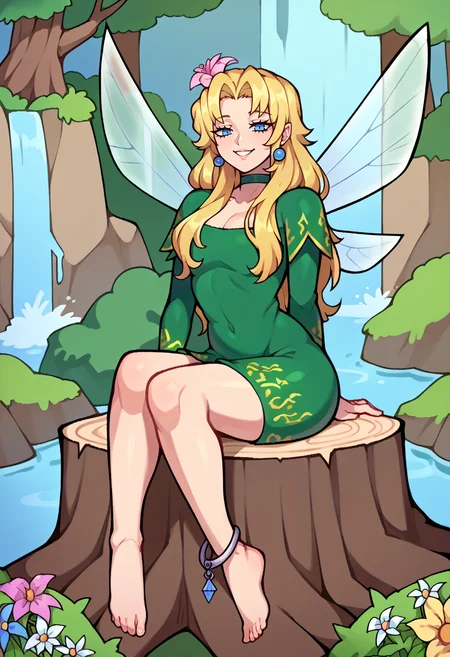 score_9, score_8_up, score_7_up, source_anime, BREAK solo, 1girl, <lora:Titania-pdxl_Fp:1>, titaniasmt, blue eyes, blonde hair, long hair, hair flower, fairy wings, green dress, choker, smile, sitting, waterfall, tree stump, anklet, looking at viewer,