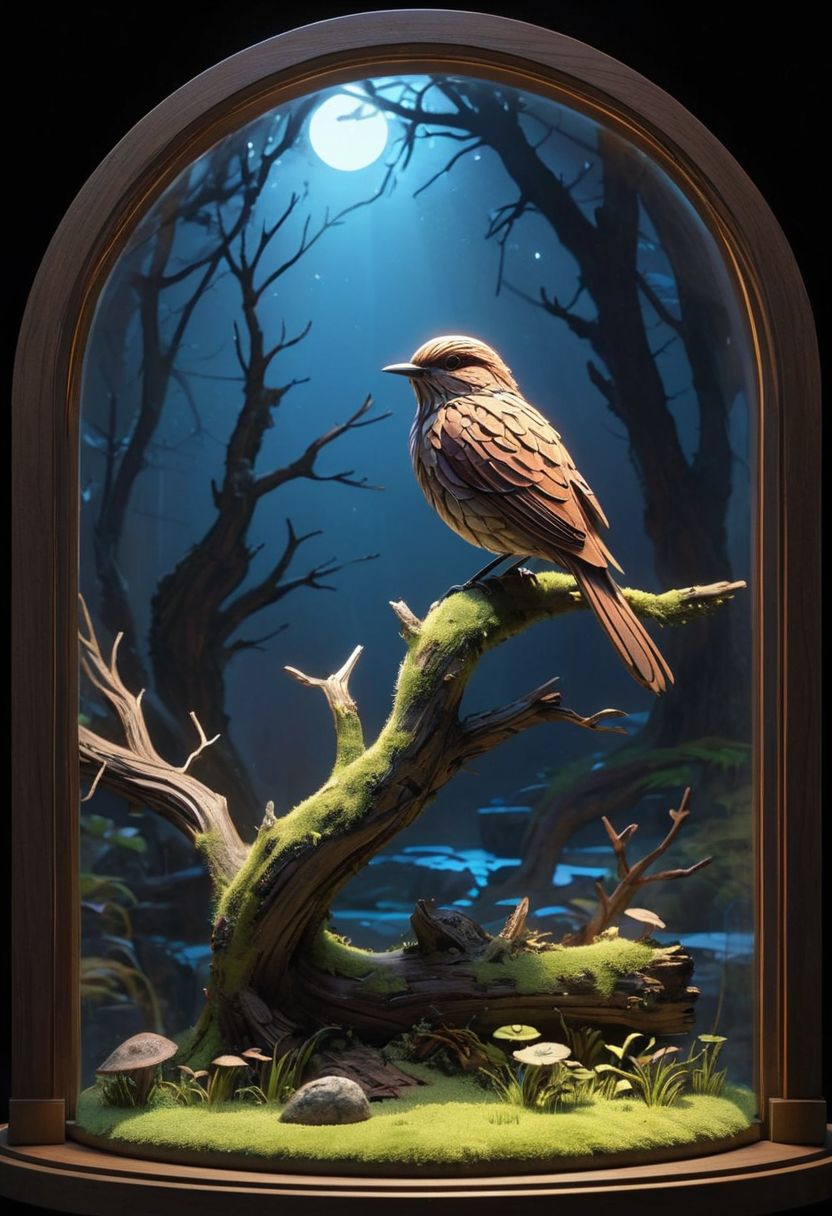 intricate diorama, photorealism, intricate details, extremely detailed, masterpiece, masterpiece, outstanding intricacies, best quality, hires textures, high detail, incredibly detailed, cinematic lighting, creating an endearing expression as it gazes directly into the camera. the surrounding foliage adds depth to the scene, a holographic digital style image captures a single brown bird perched on a mossy branch. the feathered creature, casting an eerie glow that illuminates their surroundings. the figure's stance is firm and unwavering, casting a gentle glow on its surroundings. its location within the room is not discernible from the image, circular windows, warm light. this gives the impression of a bioluminescent creature, intricately detailed, true masterpiece, uhd, vibrant neon, studio quality overall detail, painstaking attention to details, uhd (3d framed),  <lora:- SDXL - vanta-black_contrast_V3.0:0.5>