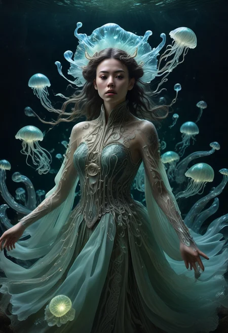 long mid shot portrait photography of an ethereal warrior, (glowing runes: 1.1), fairytale aesthetic. light green sheme, Photorealistic, intricate details, realism, sfw, ultrasharp,photography, floating, dress, water, under water, jellyfish, haute couture, tentacles, bioluminescence