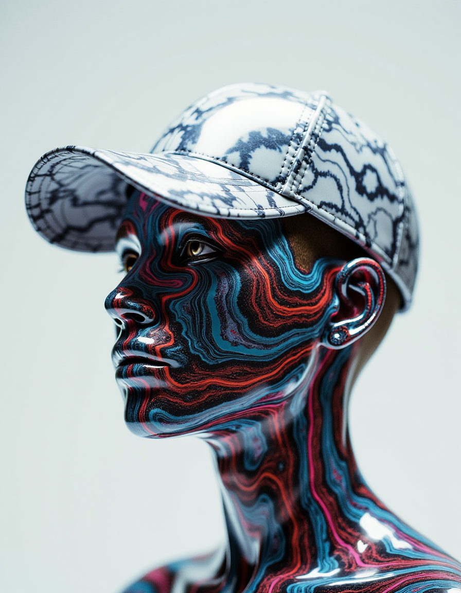 <lora:bfcc478d-f748-4500-a8ea-a96b5c398051.TA_trained:0.8>  glitchcore dreamcore motion blur ghosting grid athletic figures vertical composition glitchcore abstract desaturated analog dynamic pose runners glitchcore dreamcore muted colors streaks dark silhouettes layered.A high-resolution digital concept design of a futuristic fashion cap, crafted with a smooth silicone-like surface that mimics the texture of polished marble. The cap features intricate, flowing veins of vibrant color embedded within the materialâdeep red, fiery orange, electric blue, turquoise, vivid purple, and golden yellowâeach blending naturally like molten silicone trapped in stone. These colored veins swirl around the dome of the cap in a dynamic, wave-like pattern, resembling both sound waves and the natural branching of marble. The veins are slightly raised with a glossy finish, catching the light and enhancing the organic fluid motion. The base color of the cap is either pure white or charcoal black to provide strong contrast. The design is sleek, modern, and artisticâsuitable for avant-garde fashion or conceptual streetwear. The lighting is sharp and reflective, emphasizing the depth, curvature, and fluidity of the marbled silicone effect.