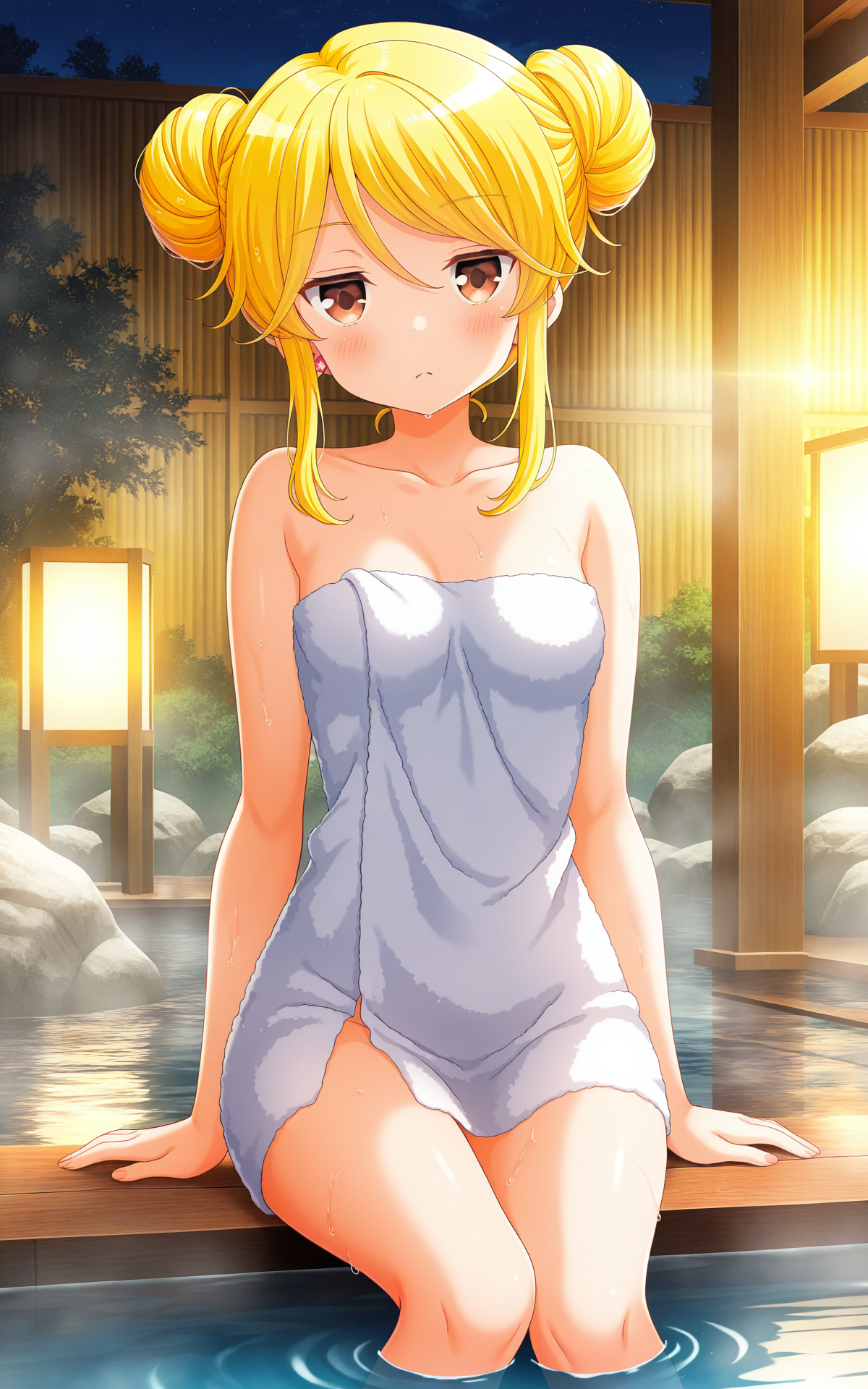 masterpiece,best quality,good quality,newest,4k,perfect lighting,cinematic,very aesthetic,official art,anime screencap,anime coloring,onsen,water,
1girl,solo,tokitani koruri,blonde hair,hair bun,double bun,brown eyes,small breasts,naked towel,bathing,sitting,in water,blush,jitome,facing viewer,looking at viewer,BREAK
<lora:ILkoruri:0.9>