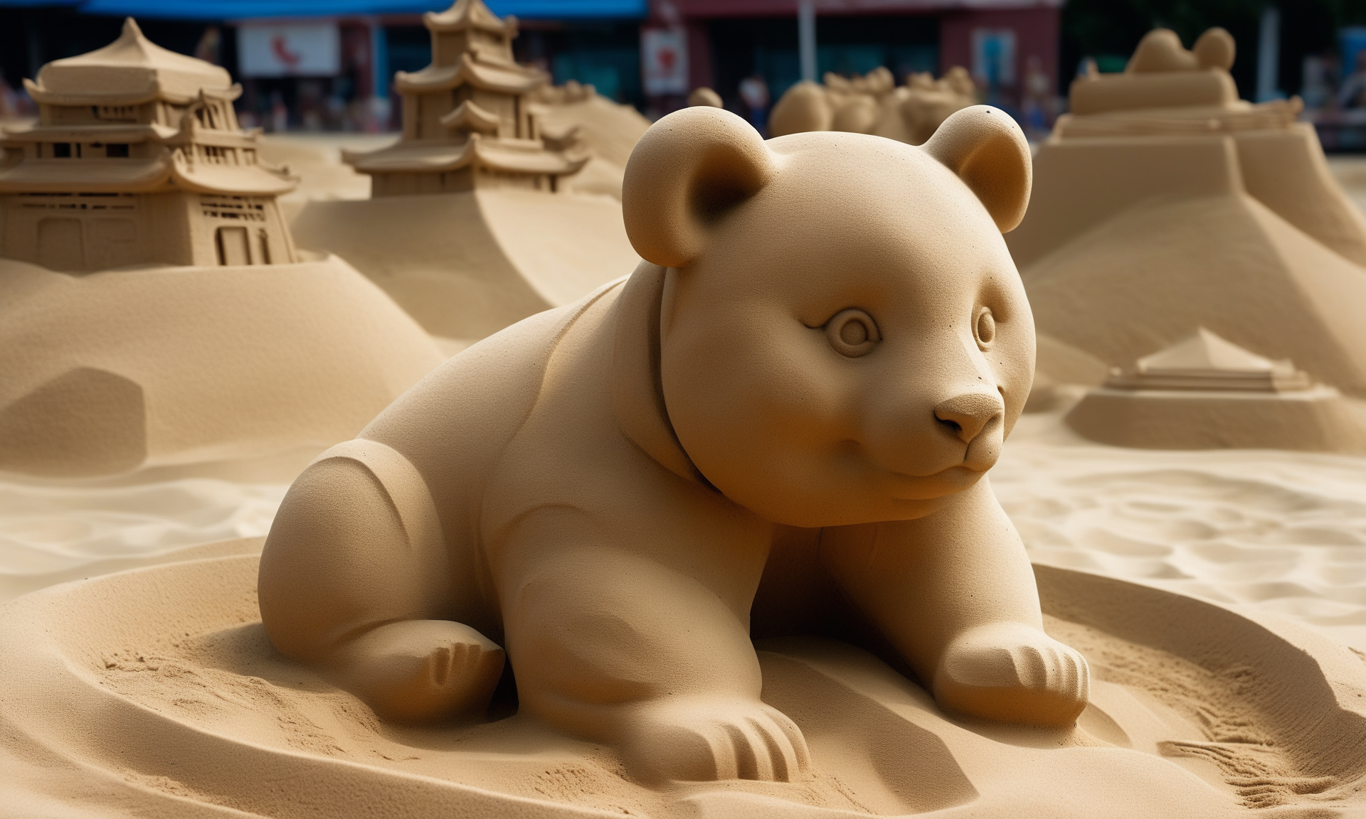 <lora:sandsculpturecd_xl-000006:0.8>,a statue of a panda made of sand on sandbeach,full body,sandsculpturecd_xl,sand sculpture,outdoors,chinese zodiac,cutie,cute,still life,animal statue,front view,facing viewer,looking at viewer,fine art,(Unbelievable Digital Artwork:1.3),CGSociety,ArtStation,master works, emotional, harmonious, high budget, moody, epic, gorgeous, perfect lighting, realistic, photorealistic, photographic, photo (medium),real, moody lighting, volumetric lighting, reality ray tracing, 8K, HDR, UHD, masterpiece, best quality, highly detailed, high resolution, finely detail, extremely detailed, ultra detailed, wallpaper
